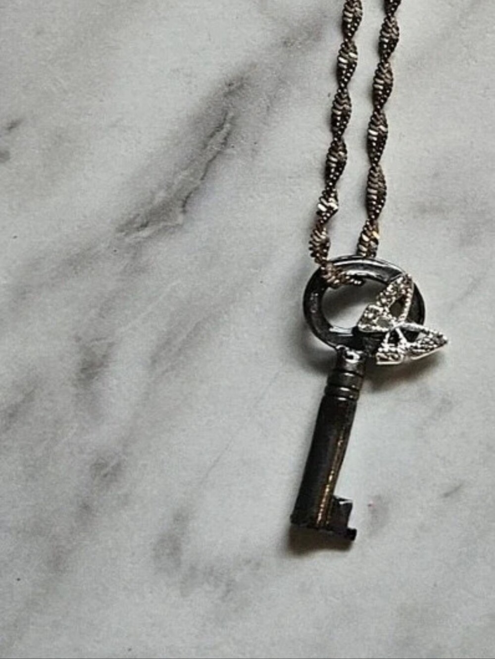 Silver Skeleton Key Necklace With Butterfly Charm